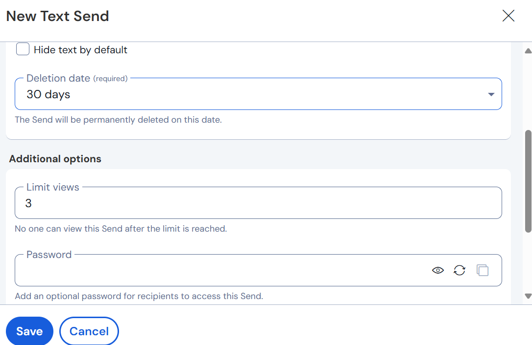 BitWarden Send deletion settings